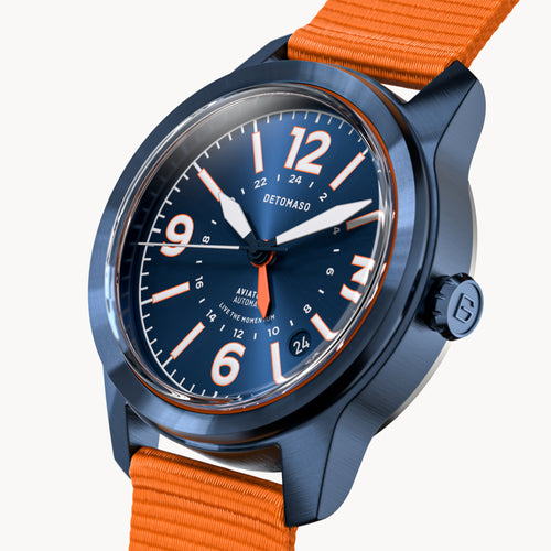 AVIATORE AUTOMATIC GMT
 BLUE ORANGE
 - Ocean Plastic Orange Woven - Detomaso Watches