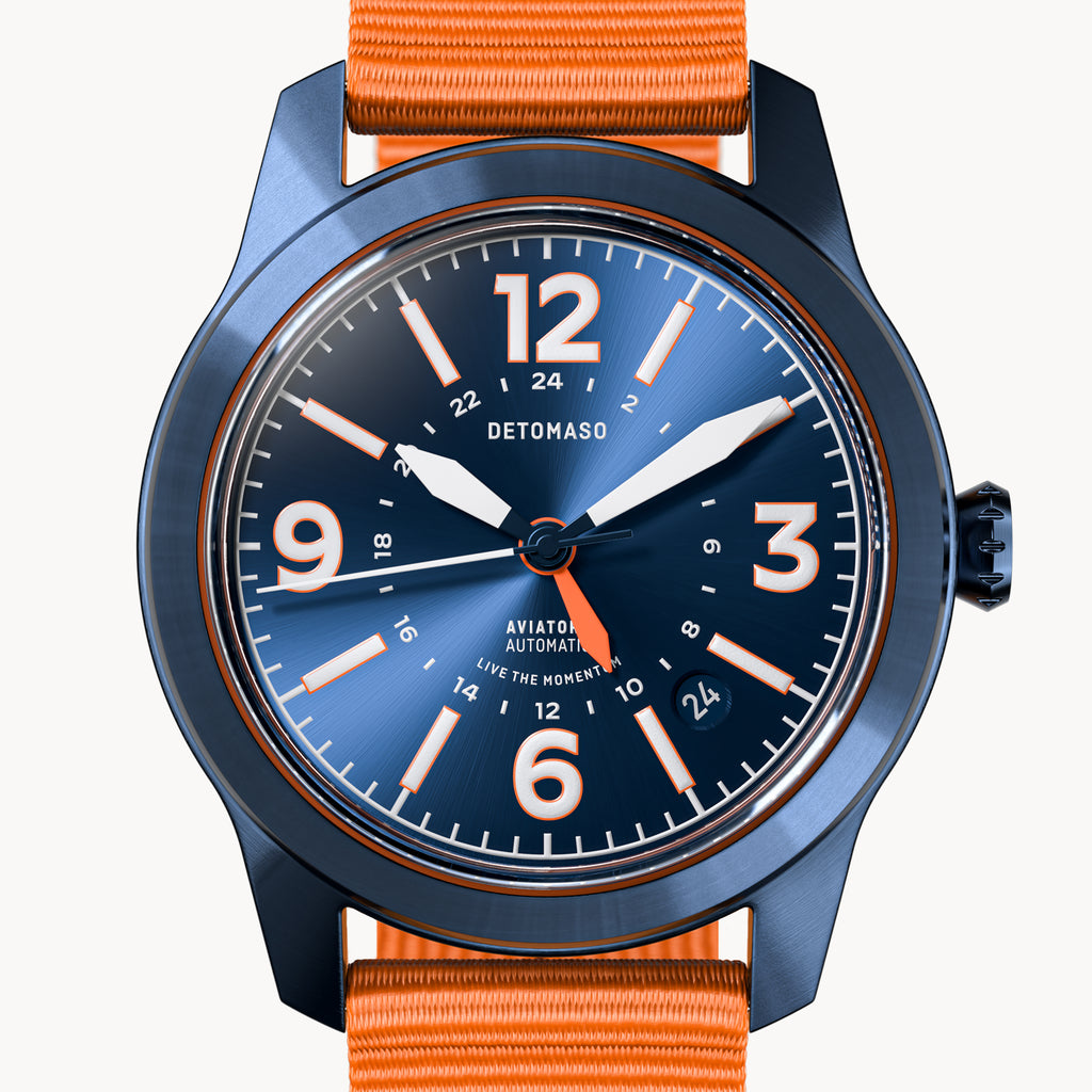 AVIATORE AUTOMATIC GMT
 BLUE ORANGE
 - Ocean Plastic Orange Woven - Detomaso Watches