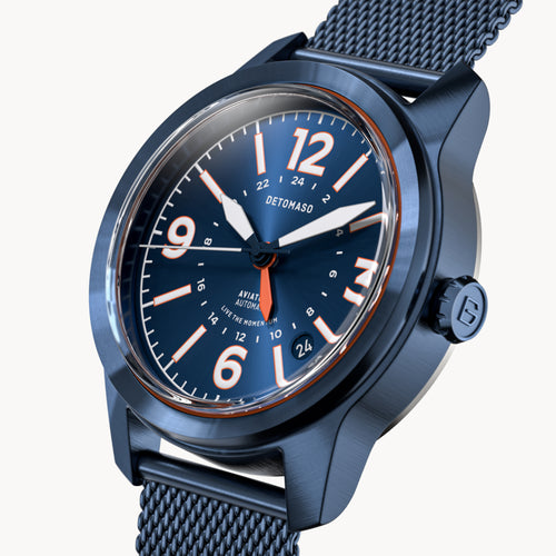 AVIATORE AUTOMATIC GMT
 BLUE ORANGE
 - Mesh Blue Brushed - Detomaso Watches