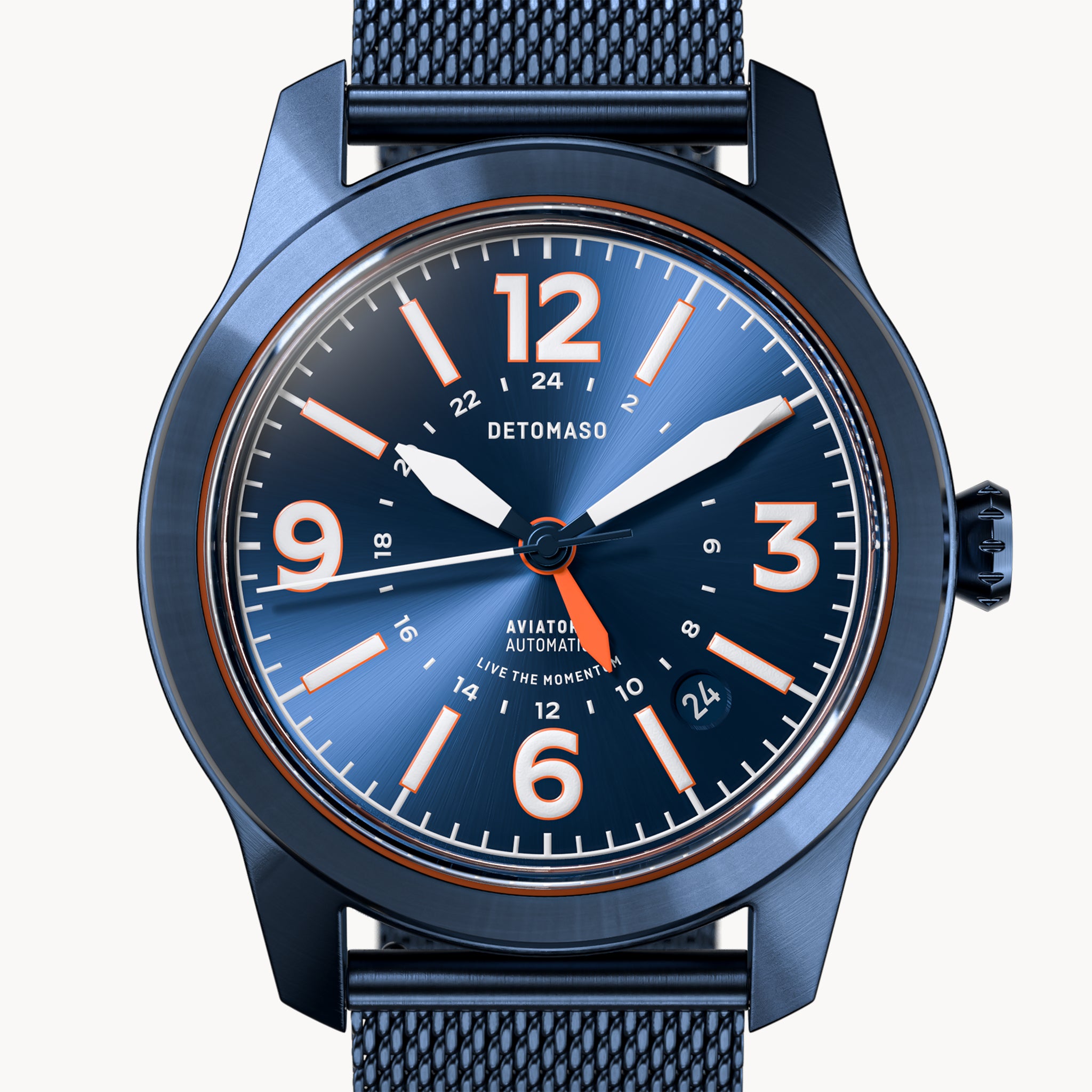 AVIATORE AUTOMATIC GMT
 BLUE ORANGE
 - Mesh Blue Brushed - Detomaso Watches