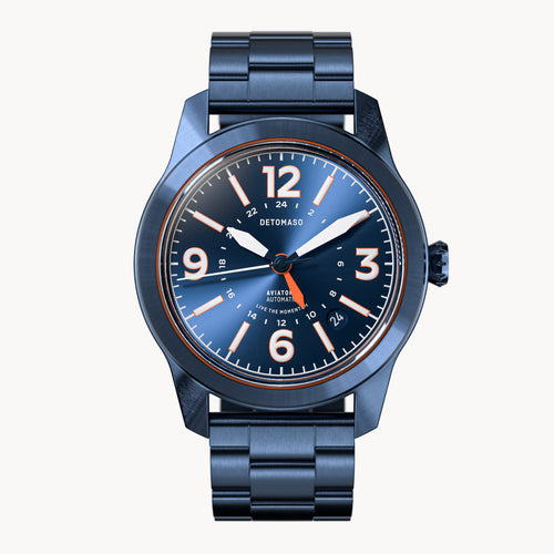 AVIATORE AUTOMATIC GMT
 BLUE ORANGE
 - Stainless steel Blue Brushed - Detomaso Watches