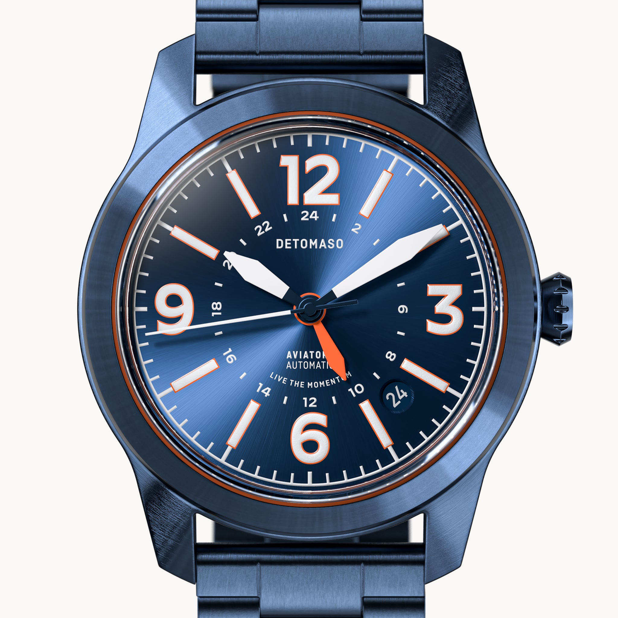 AVIATORE AUTOMATIC GMT
 BLUE ORANGE
 - Stainless steel Blue Brushed - Detomaso Watches