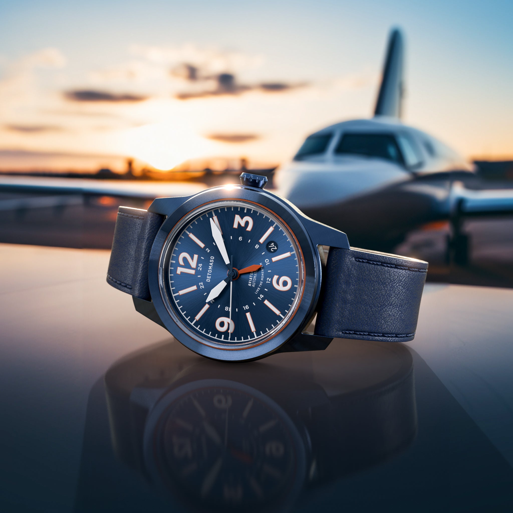 AVIATORE AUTOMATIC GMT
 BLUE ORANGE
 - Leather Blue Toscano - Detomaso Watches