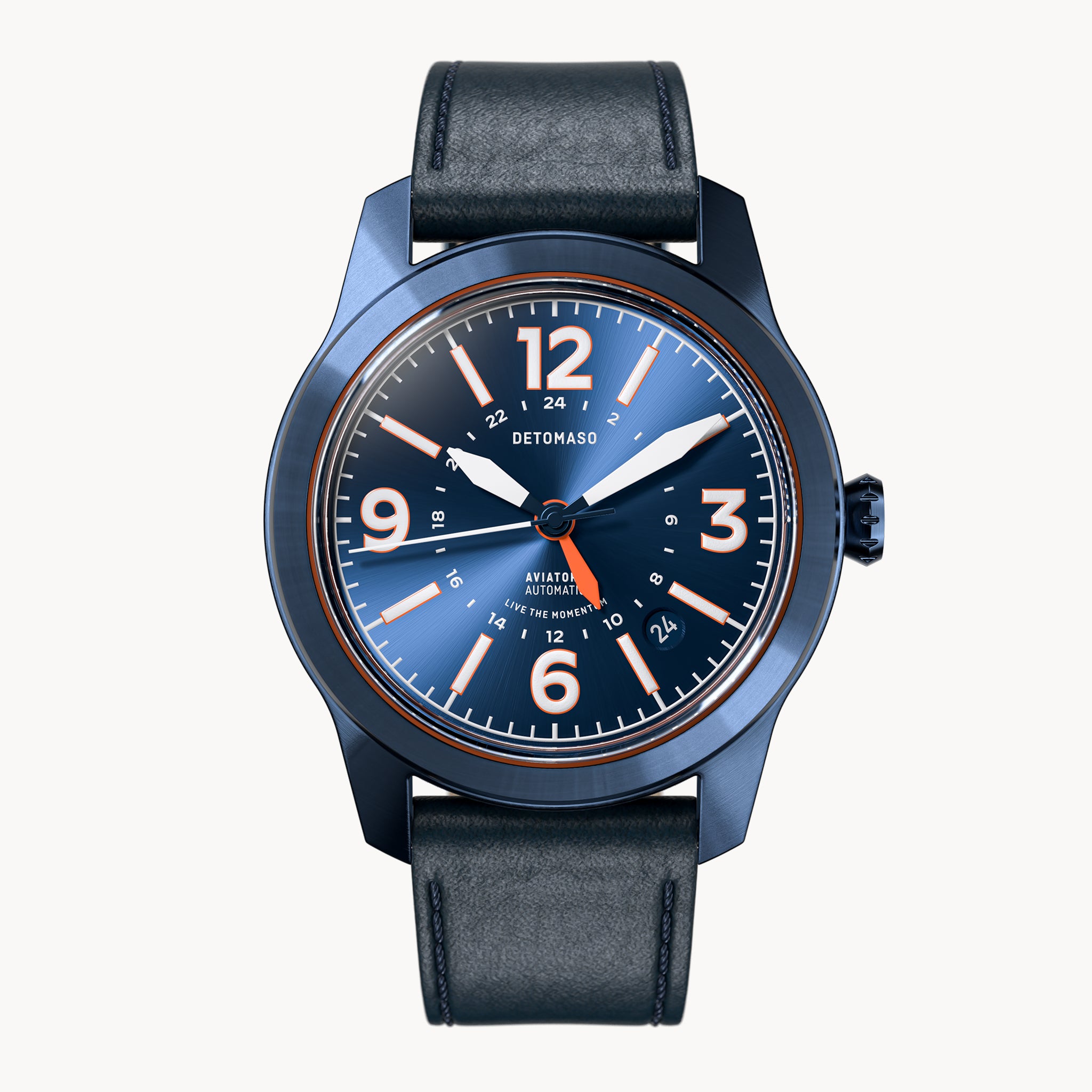 AVIATORE AUTOMATIC GMT
 BLUE ORANGE
 - Leather Blue Toscano - Detomaso Watches