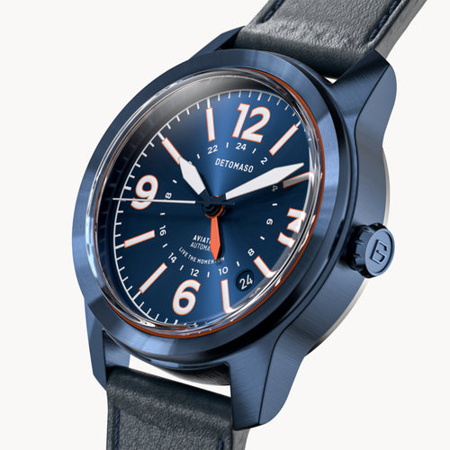 AVIATORE AUTOMATIC GMT
 BLUE ORANGE
 - Leather Blue Toscano - Detomaso Watches