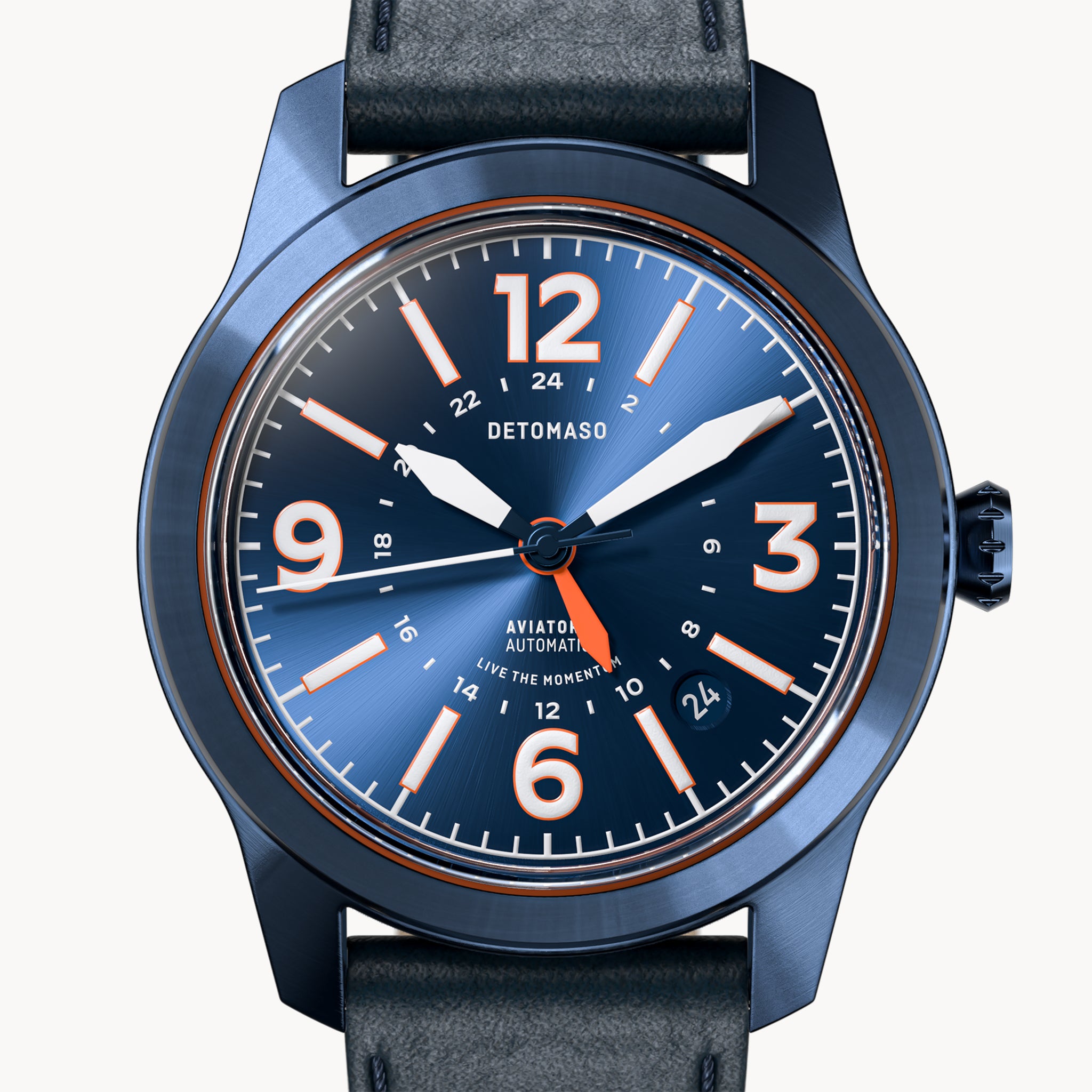 AVIATORE AUTOMATIC GMT
 BLUE ORANGE
 - Leather Blue Toscano - Detomaso Watches