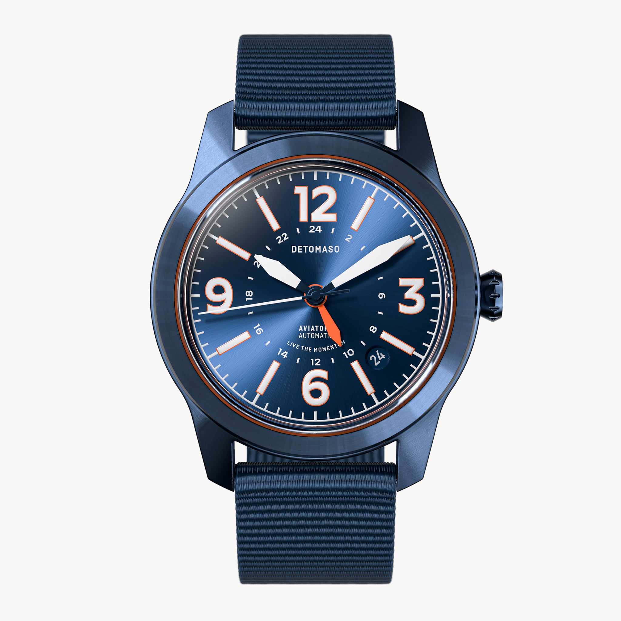 AVIATORE AUTOMATIC GMT
 BLUE ORANGE
 - Ocean Plastic Dark blue Woven - Detomaso Watches