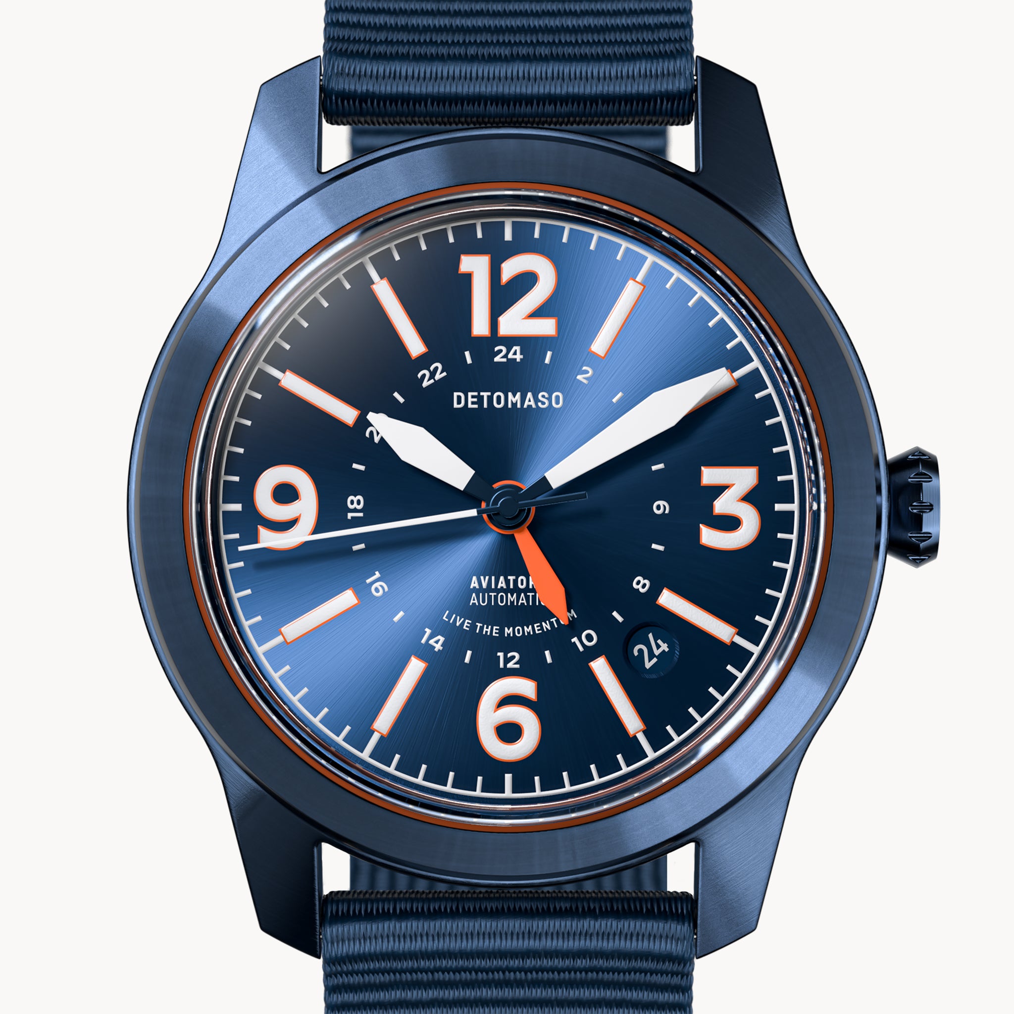 AVIATORE AUTOMATIC GMT
 BLUE ORANGE
 - Ocean Plastic Dark blue Woven - Detomaso Watches