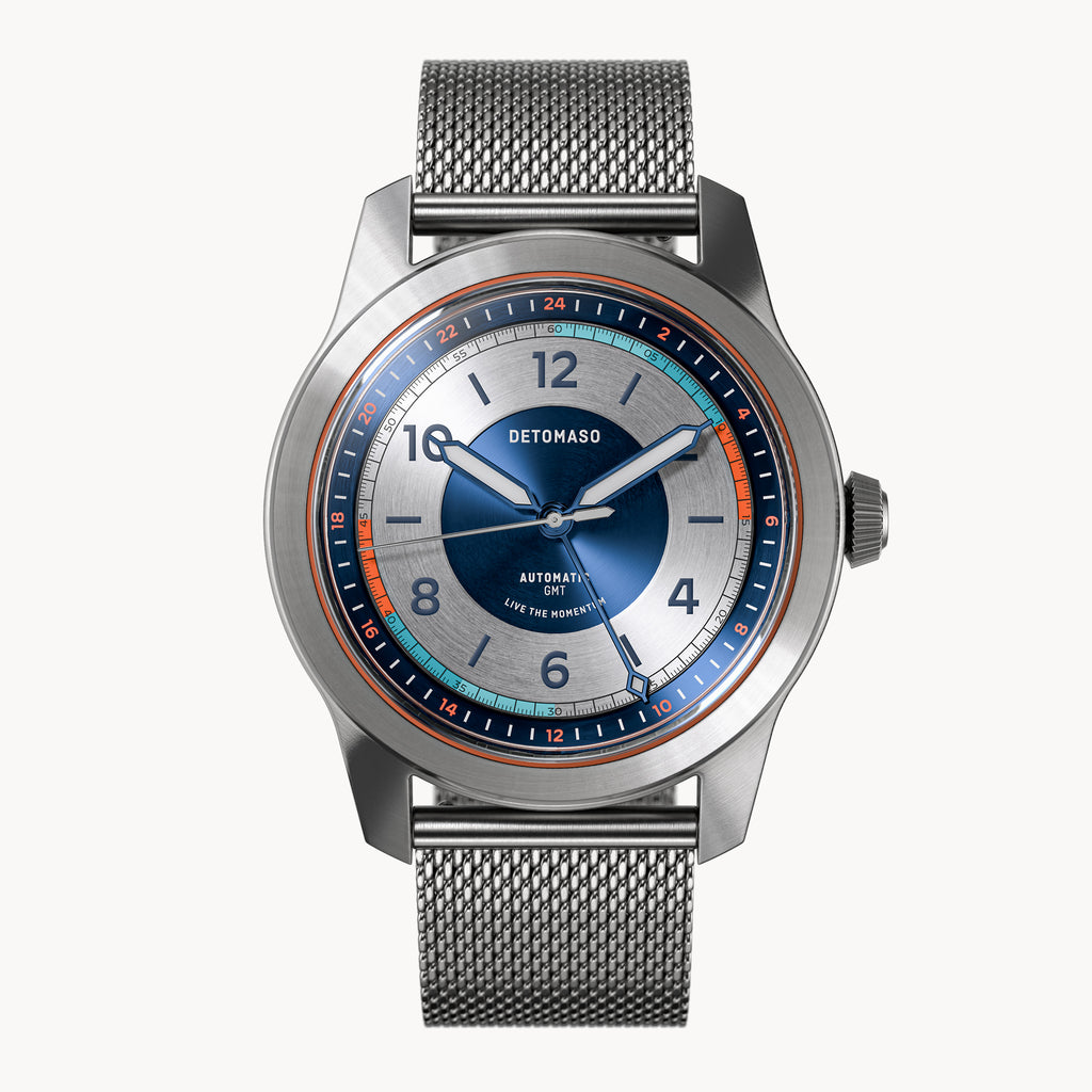 URBAN EXPLORER AUTOMATIC GMT
 SILVER BLUE
 - Mesh Silver Brushed - Detomaso Watches