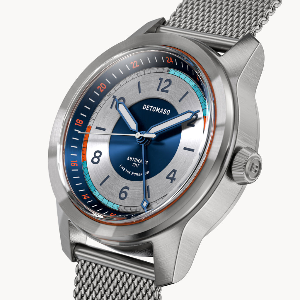 URBAN EXPLORER AUTOMATIC GMT
 SILVER BLUE
 - Mesh Silver Brushed - Detomaso Watches
