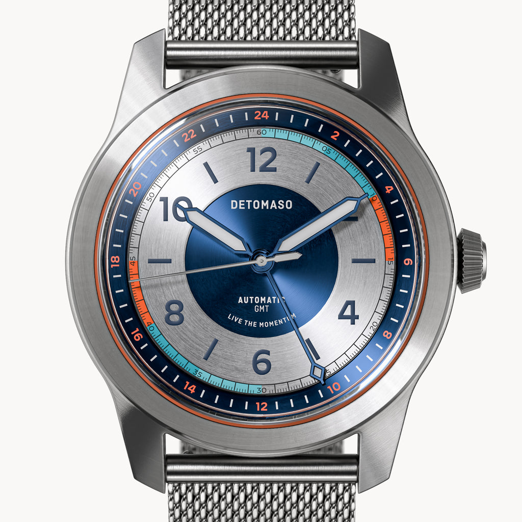 URBAN EXPLORER AUTOMATIC GMT
 SILVER BLUE
 - Mesh Silver Brushed - Detomaso Watches