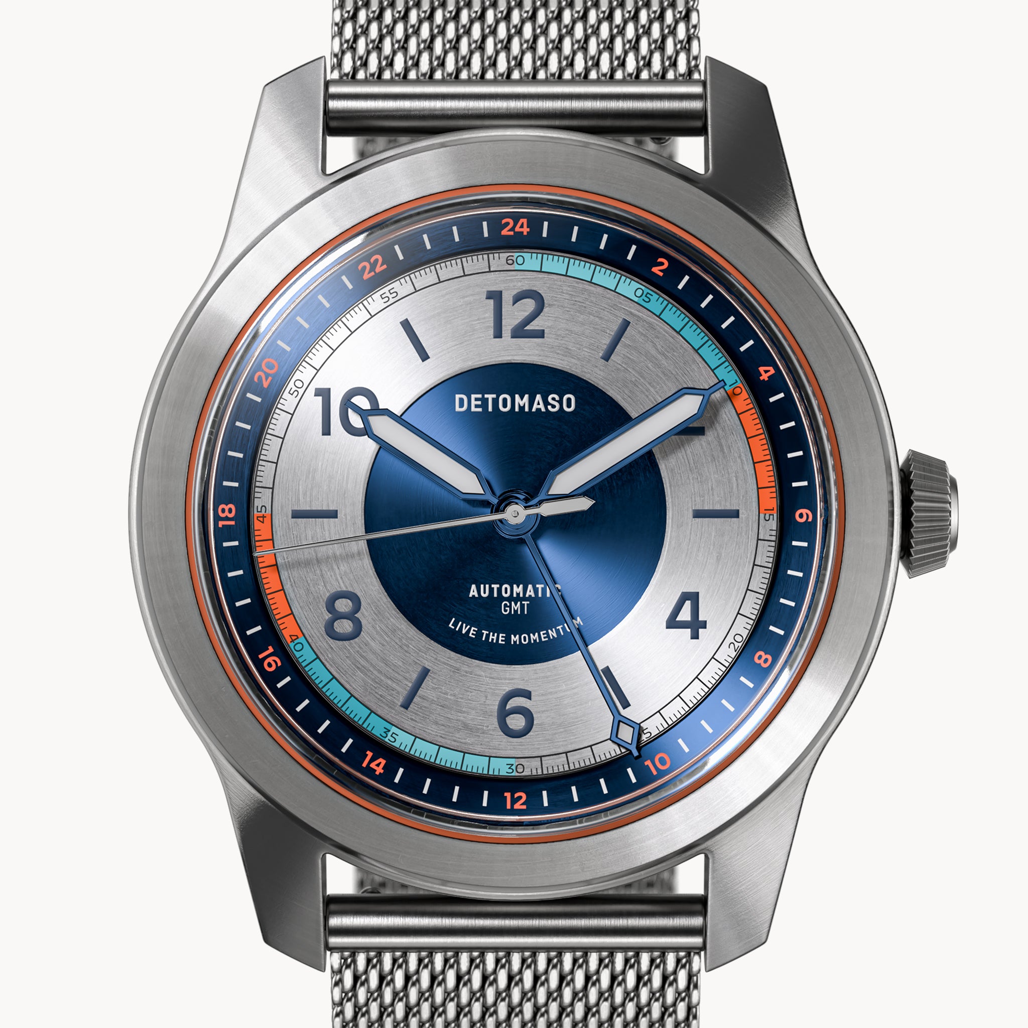 URBAN EXPLORER AUTOMATIC GMT
 SILVER BLUE
 - Mesh Silver Brushed - Detomaso Watches