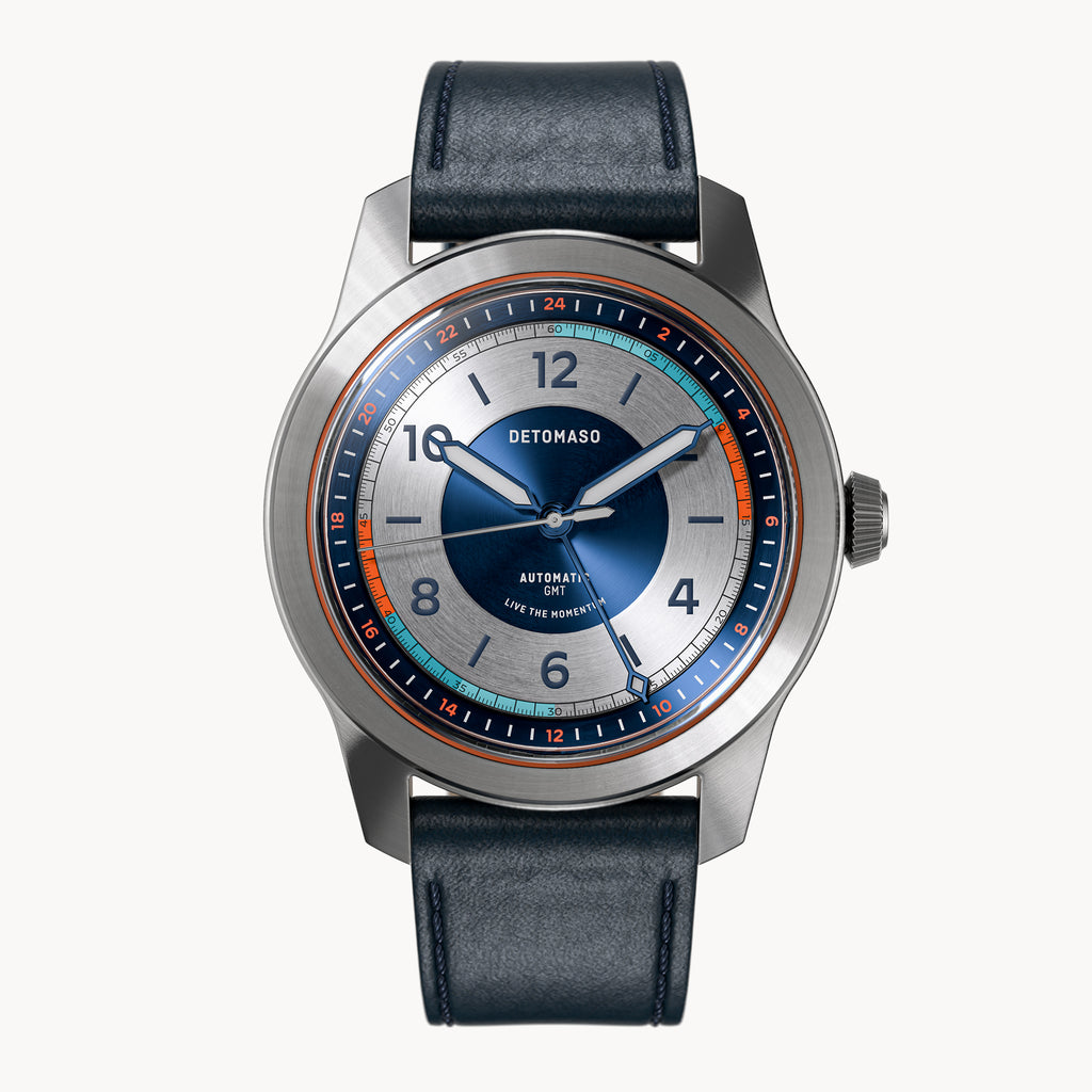 URBAN EXPLORER AUTOMATIC GMT
 SILVER BLUE
 - Leather Blue Toscano - Detomaso Watches