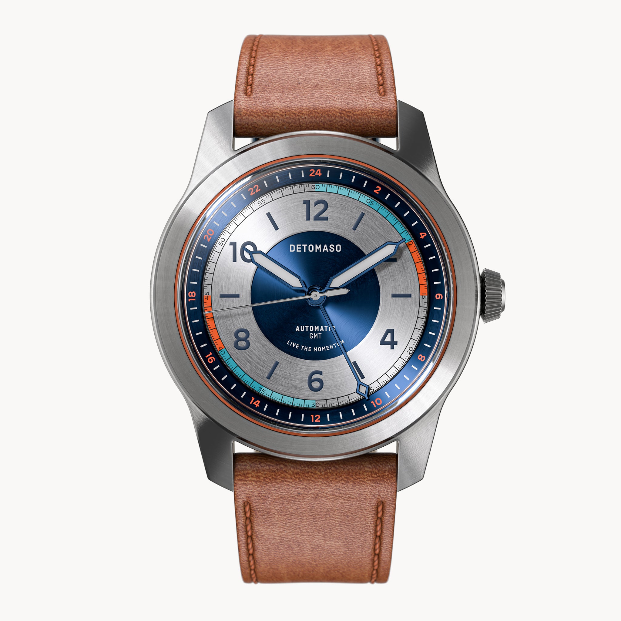 URBAN EXPLORER AUTOMATIC GMT
 SILVER BLUE
 - Vegan Apple Leather Brown Smooth - Detomaso Watches