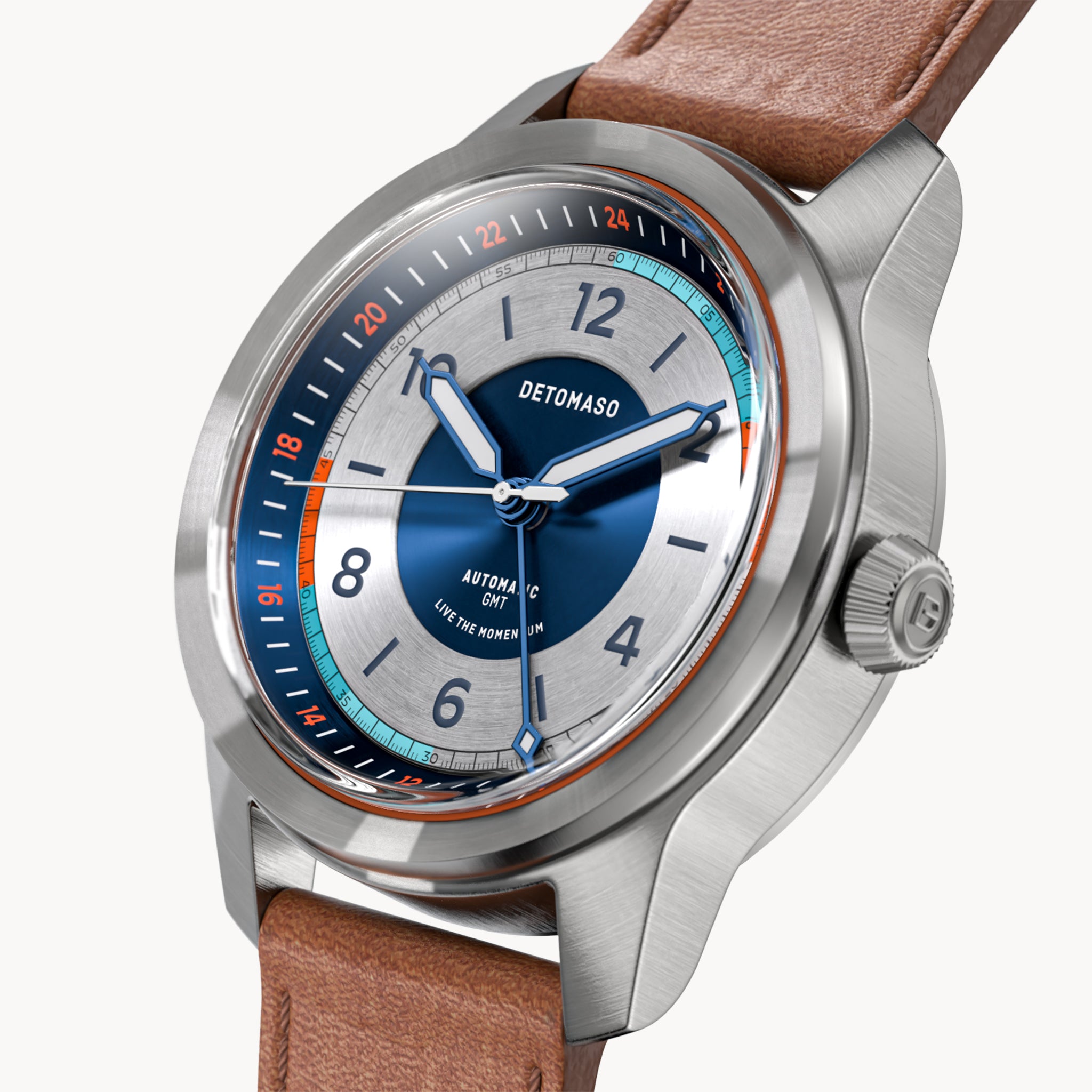 URBAN EXPLORER AUTOMATIC GMT
 SILVER BLUE
 - Vegan Apple Leather Brown Smooth - Detomaso Watches