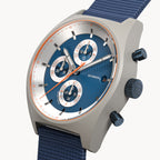 D10 CHRONO SOLAR
 GRAY BLUE
 - Ocean Plastic Dark blue Woven - Detomaso Watches