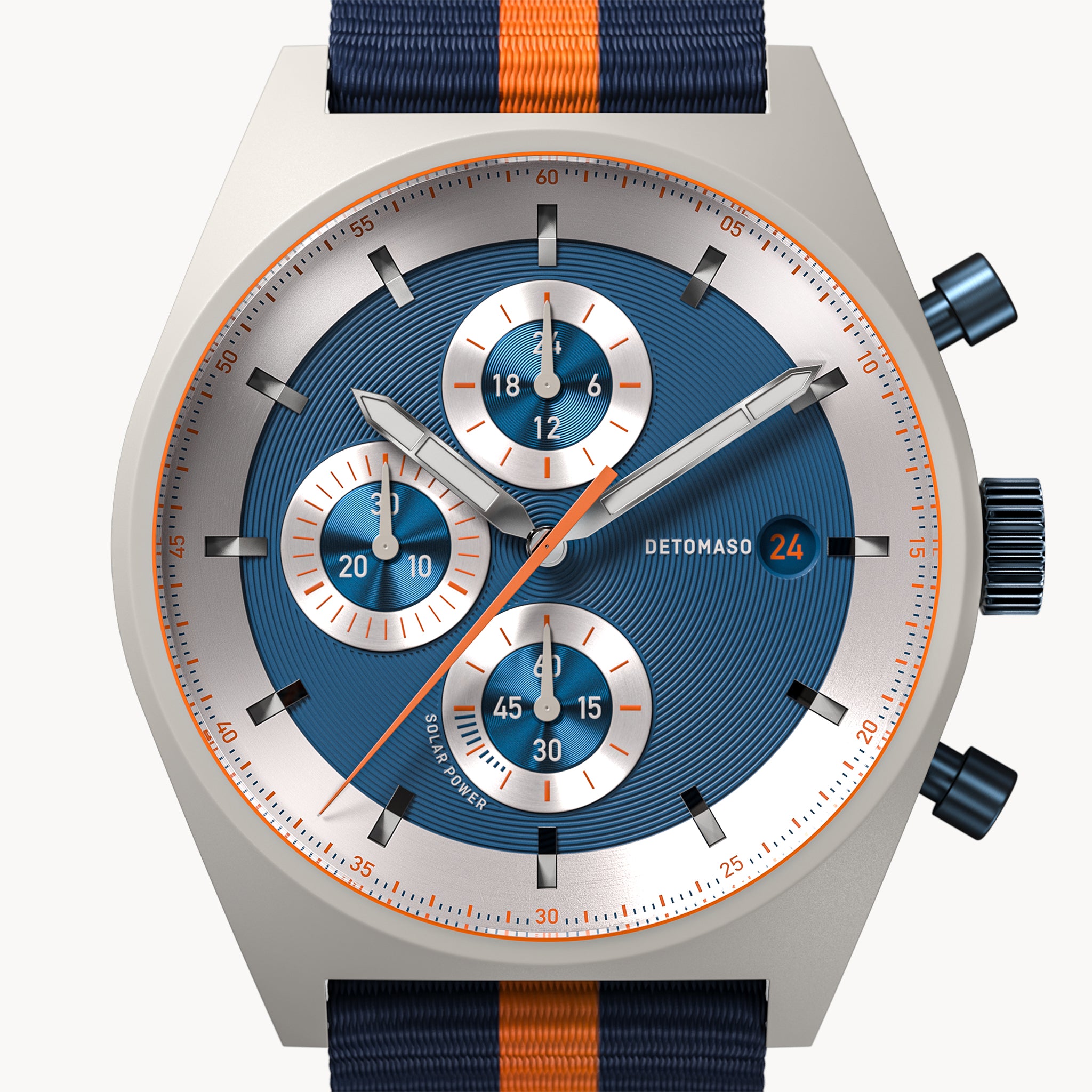 D10 CHRONO SOLAR
 GRAY BLUE
 - Ocean Plastic Dark blue Orange Woven - Detomaso Watches