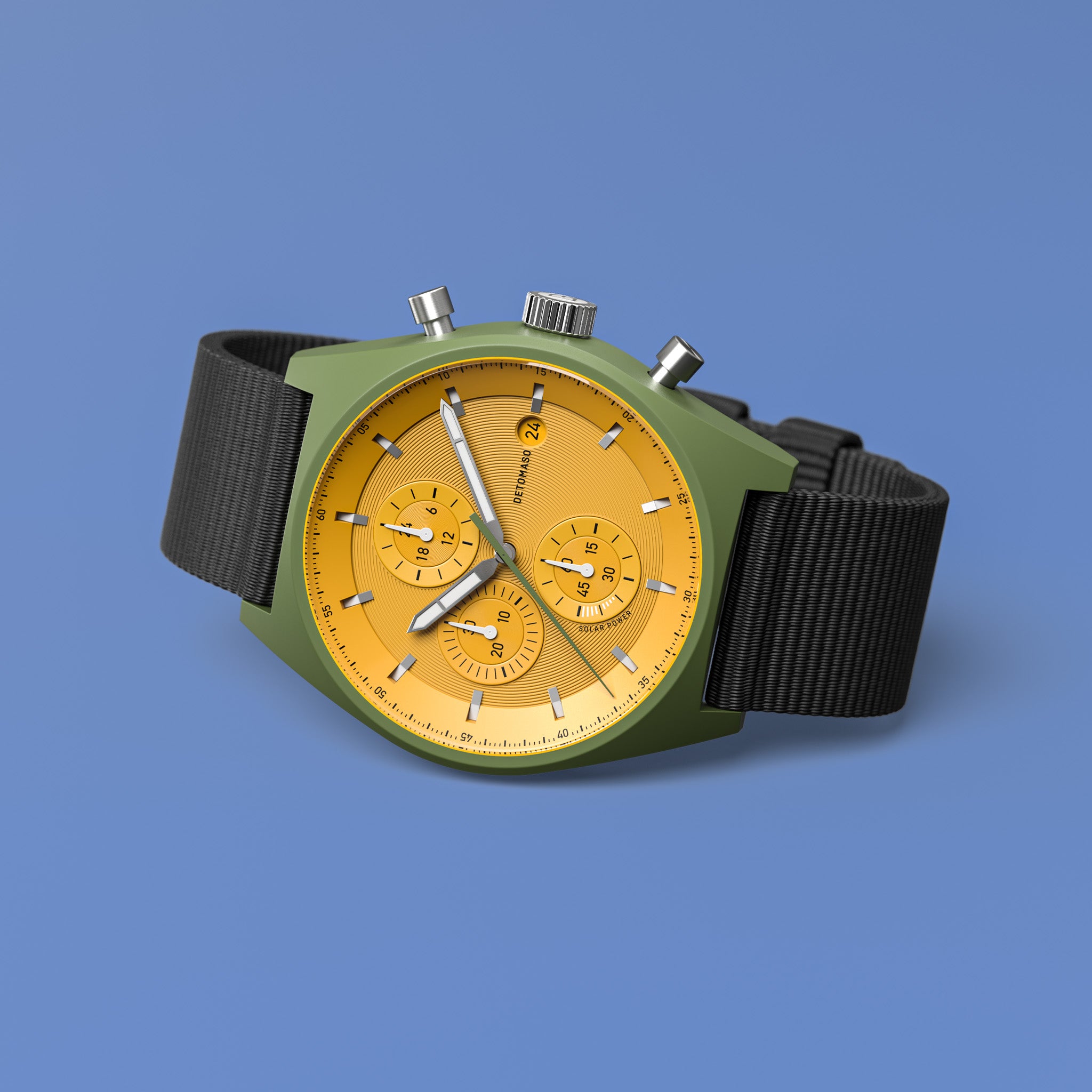 D10 CHRONO SOLAR
 OLIVE YELLOW - #tide Ocean Material® Black Woven - Detomaso Watches