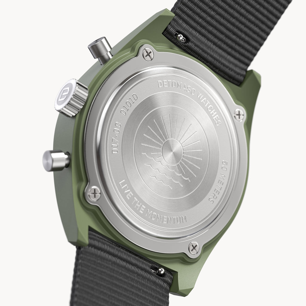 D10 CHRONO SOLAR
 OLIVE YELLOW - #tide Ocean Material® Black Woven - Detomaso Watches