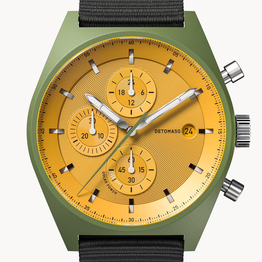 D10 CHRONO SOLAR
 OLIVE YELLOW - #tide Ocean Material® Black Woven - Detomaso Watches