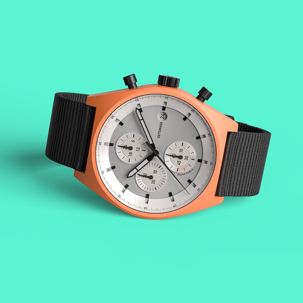 D10 CHRONO SOLAR ORANGE SILVER - Ocean Plastic Black Woven - Detomaso Watches