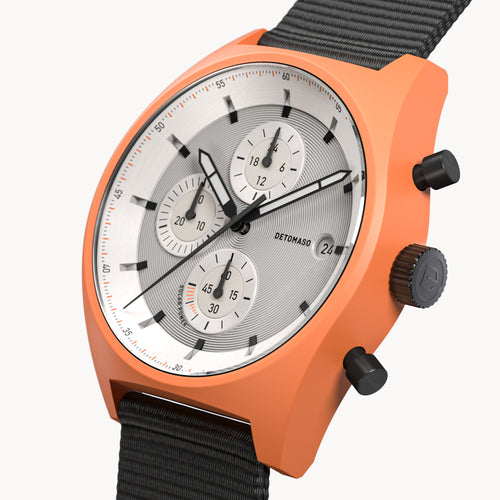 D10 CHRONO SOLAR ORANGE SILVER - Ocean Plastic Black Woven - Detomaso Watches