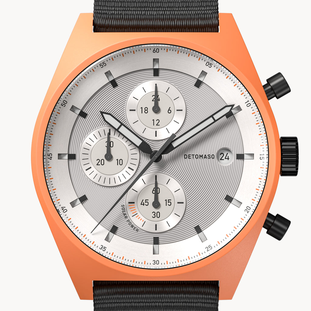 D10 CHRONO SOLAR ORANGE SILVER - Ocean Plastic Black Woven - Detomaso Watches