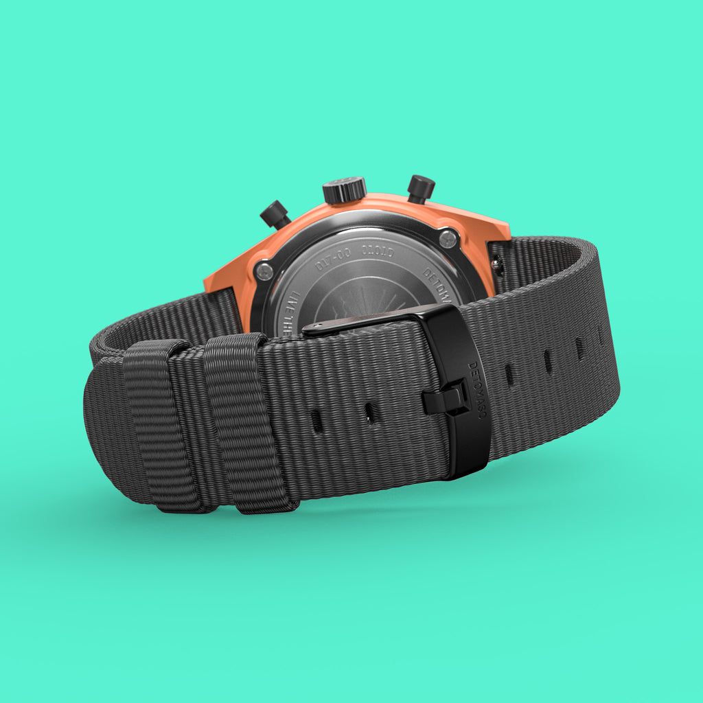 D10 CHRONO SOLAR ORANGE SILVER - Ocean Plastic Black Woven - Detomaso Watches