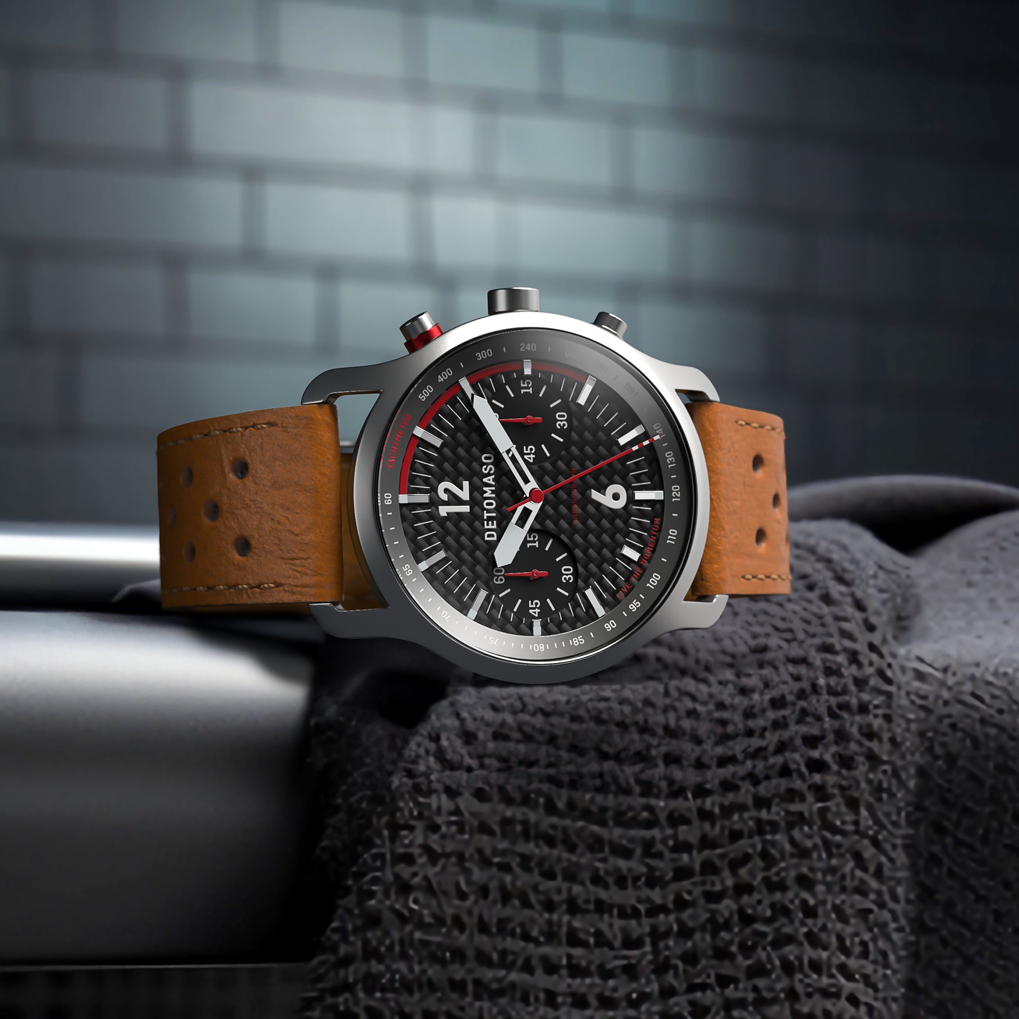 SORPASSO CHRONOGRAPH CARBON SILVER - Leather Light brown Racing - Detomaso Watches