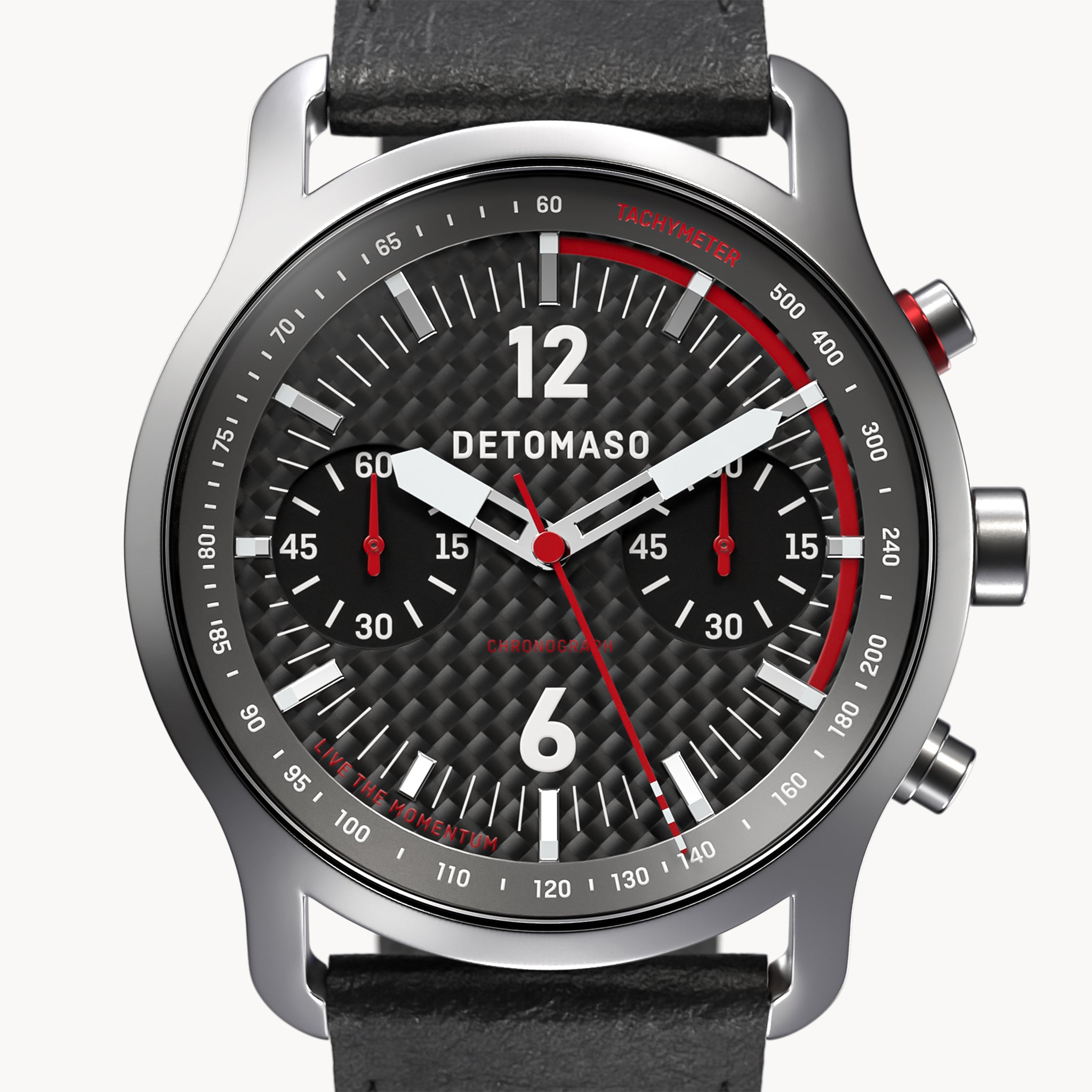 SORPASSO CHRONOGRAPH CARBON SILVER - Leather Black Racing - Detomaso Watches