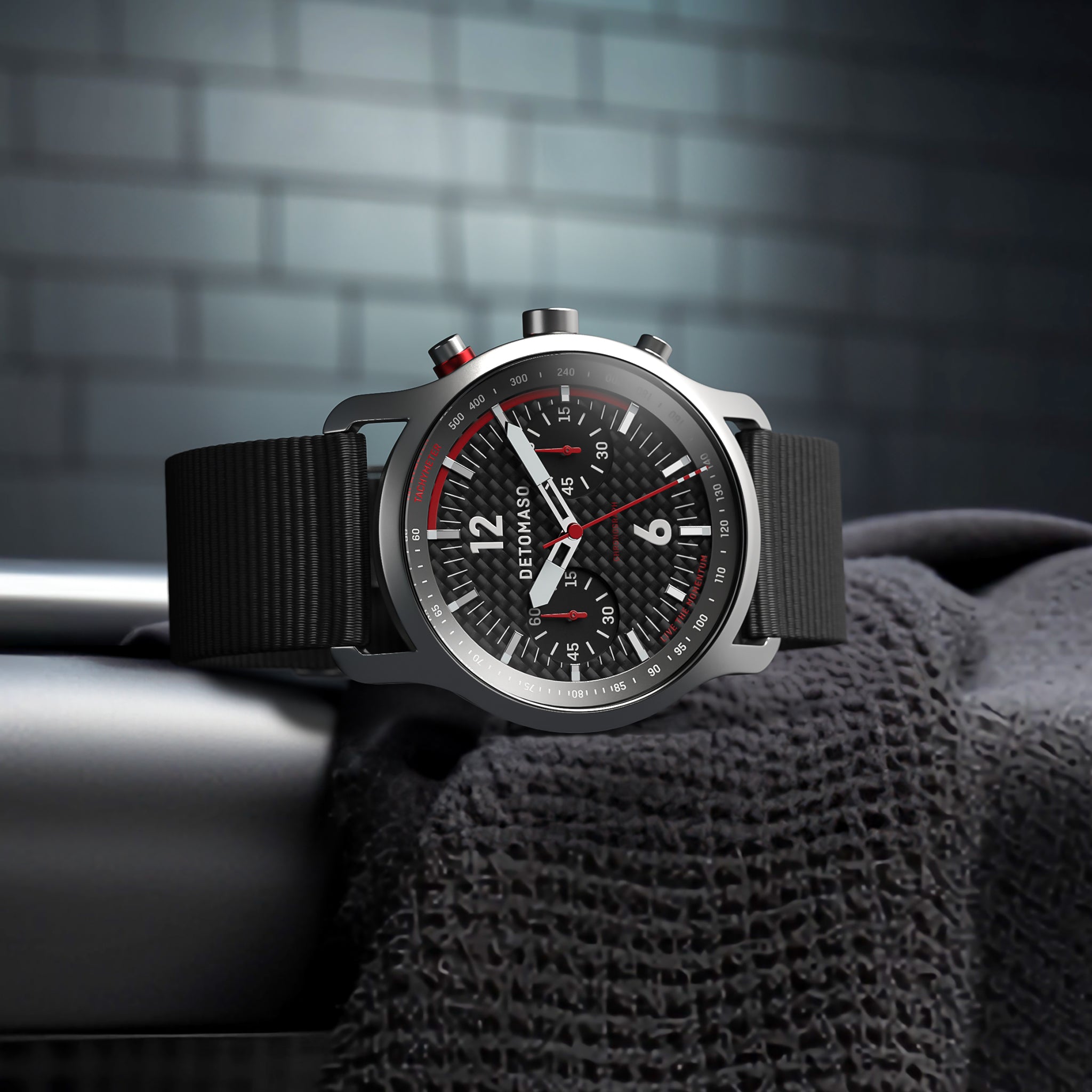 SORPASSO CHRONOGRAPH CARBON SILVER - Ocean Plastic Black Woven - Detomaso Watches