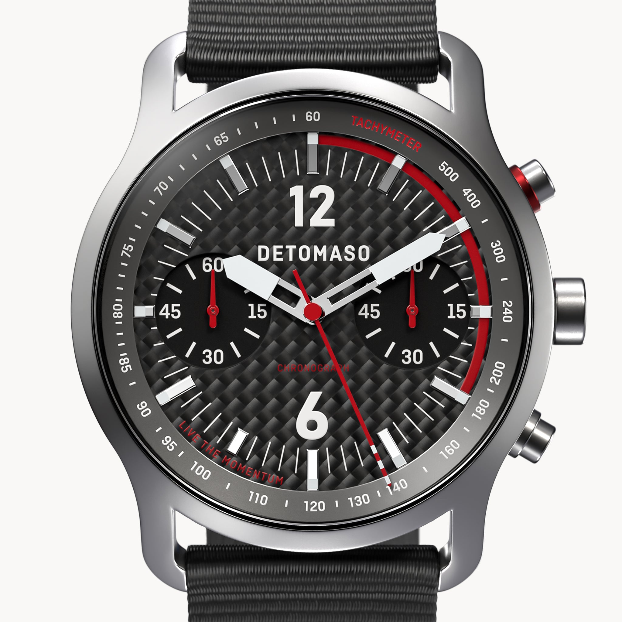 SORPASSO CHRONOGRAPH CARBON SILVER - Ocean Plastic Black Woven - Detomaso Watches
