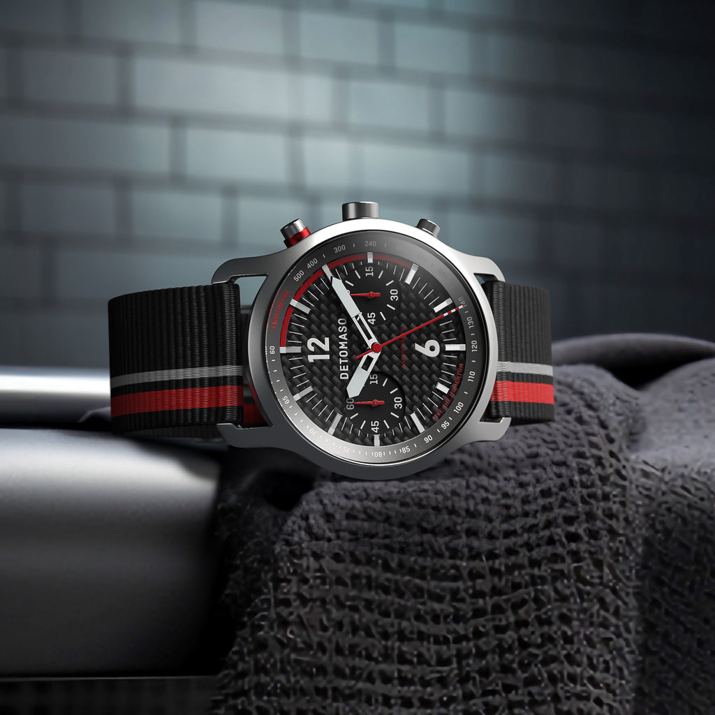 SORPASSO CHRONOGRAPH CARBON SILVER - Ocean Plastic Black / Red Woven - Detomaso Watches