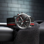SORPASSO CHRONOGRAPH CARBON SILVER - Ocean Plastic Black / Red Woven - Detomaso Watches