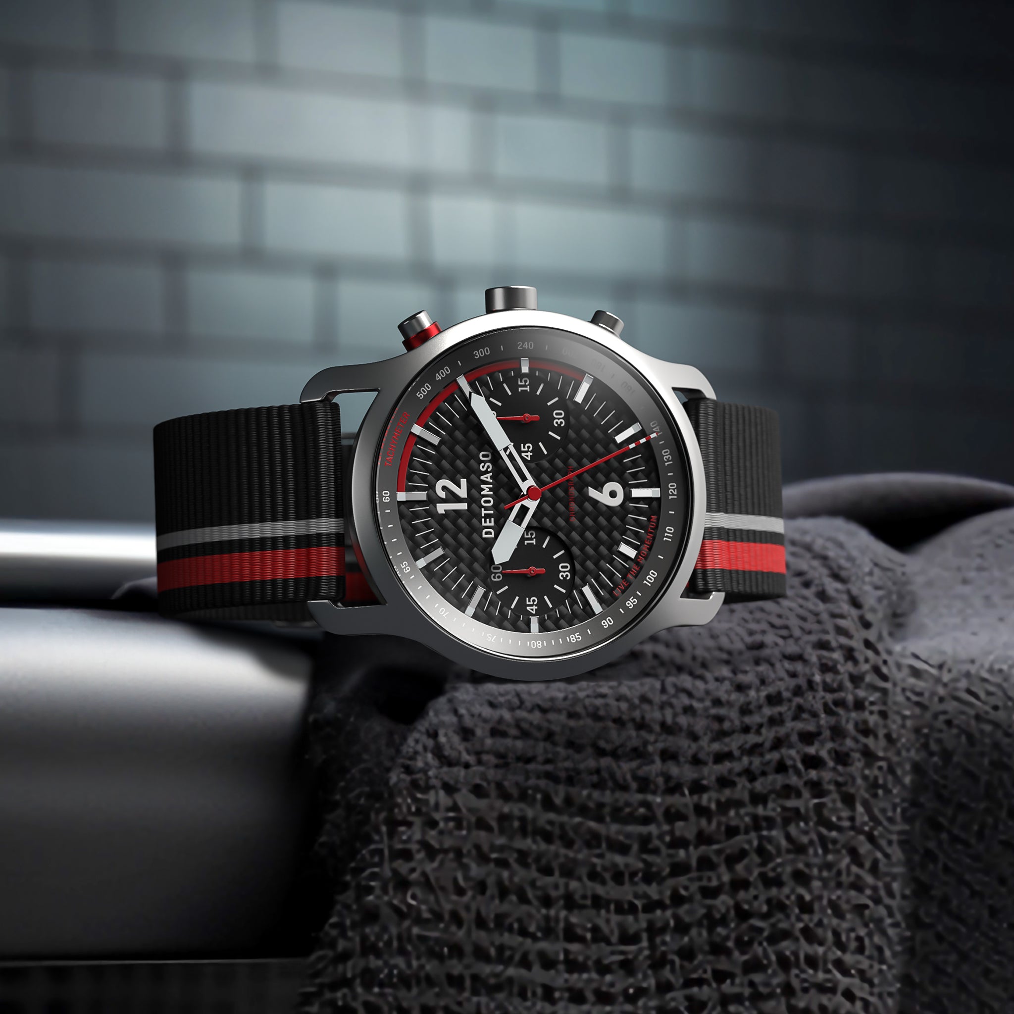 SORPASSO CHRONOGRAPH CARBON SILVER - Ocean Plastic Black / Red Woven - Detomaso Watches