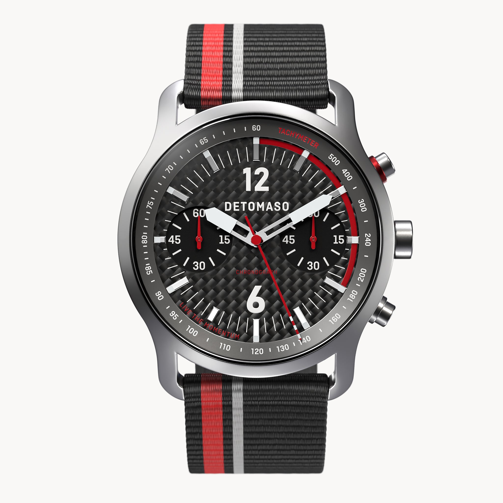 SORPASSO CHRONOGRAPH CARBON SILVER - Ocean Plastic Black / Red Woven - Detomaso Watches