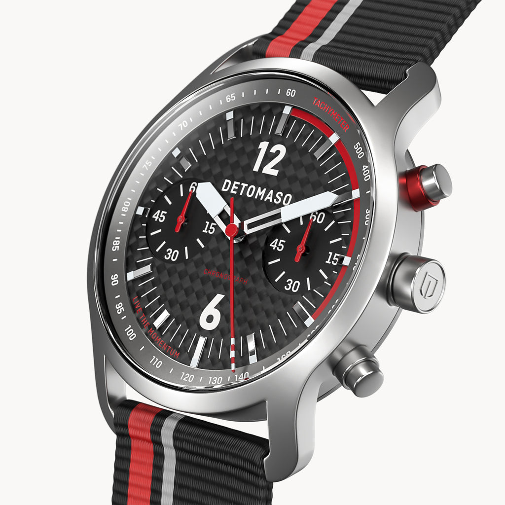 SORPASSO CHRONOGRAPH CARBON SILVER - Ocean Plastic Black / Red Woven - Detomaso Watches