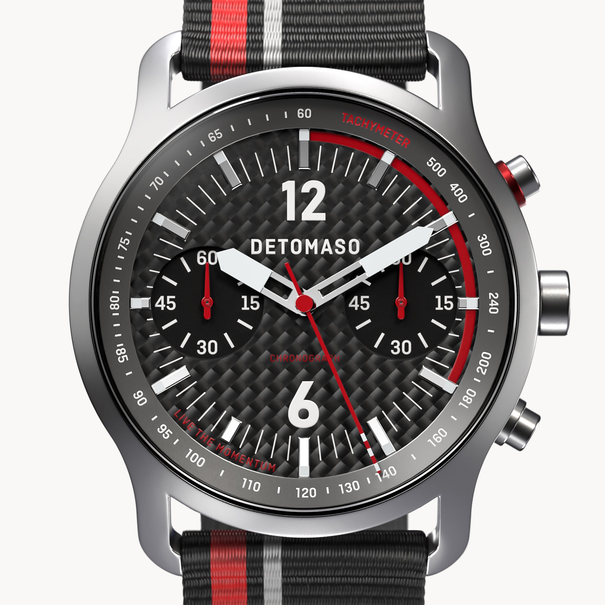 SORPASSO CHRONOGRAPH CARBON SILVER - Ocean Plastic Black / Red Woven - Detomaso Watches