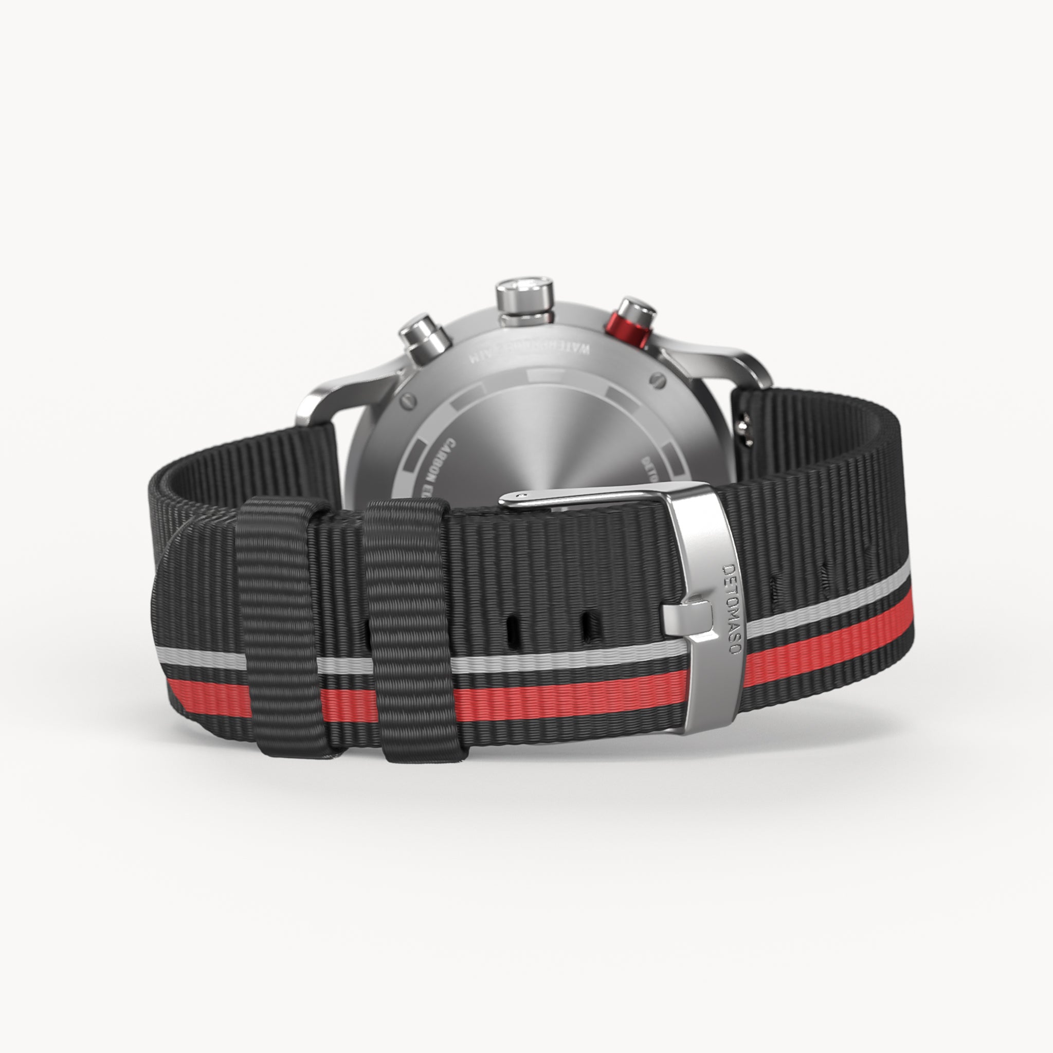 SORPASSO CHRONOGRAPH CARBON SILVER - Ocean Plastic Black / Red Woven - Detomaso Watches