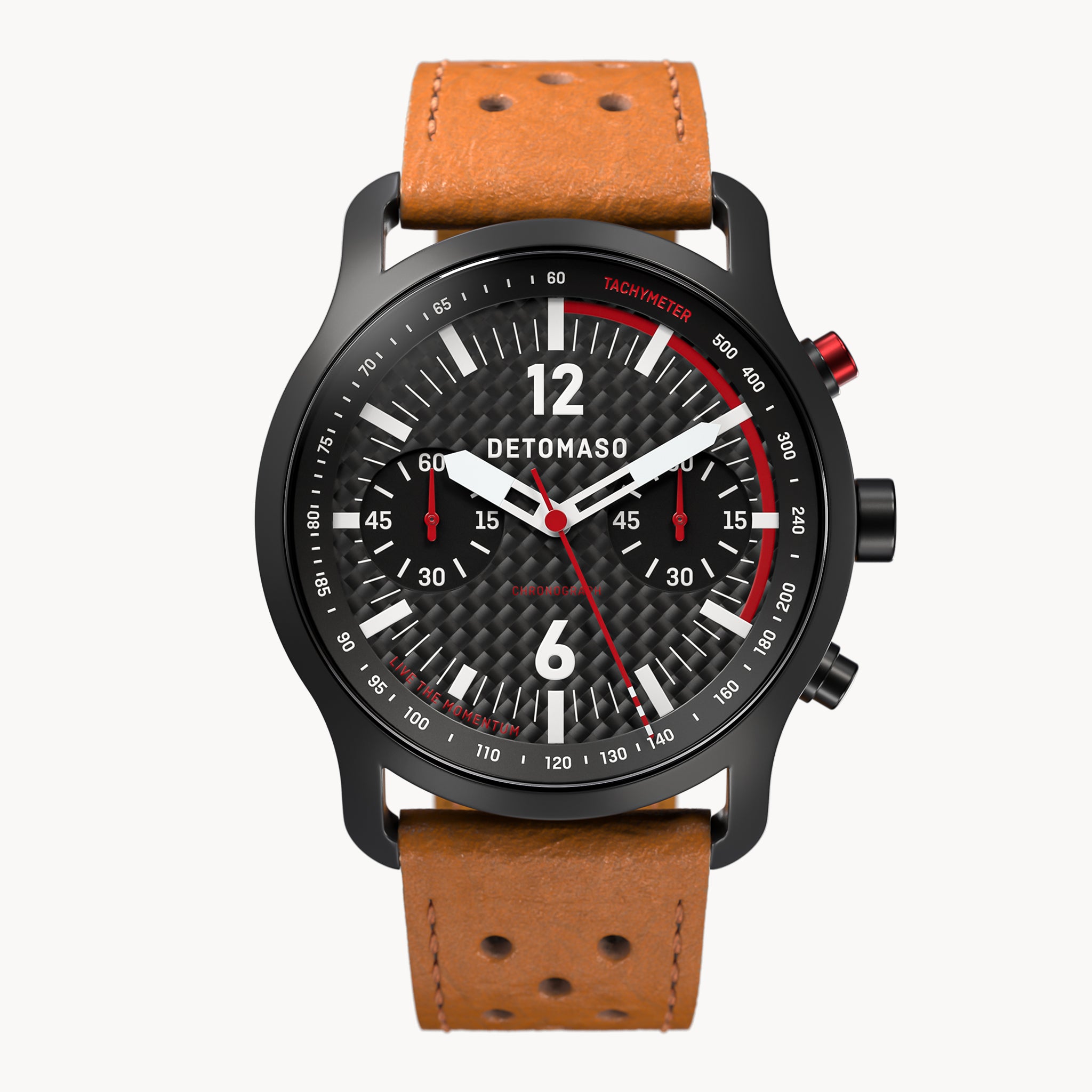 SORPASSO CHRONOGRAPH CARBON BLACK RED
 - Leather Light brown Racing - Detomaso Watches