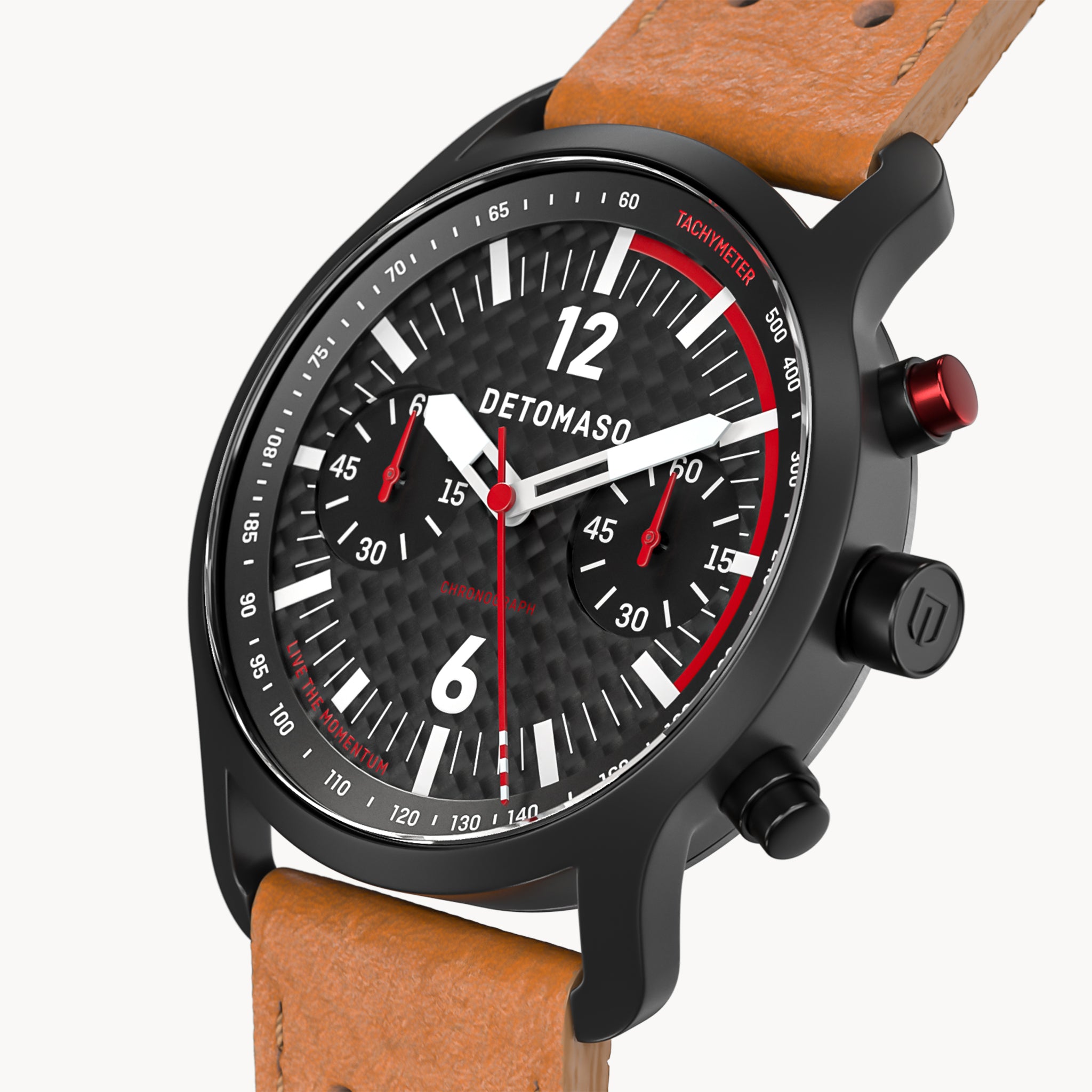 SORPASSO CHRONOGRAPH CARBON BLACK RED
 - Leather Light brown Racing - Detomaso Watches