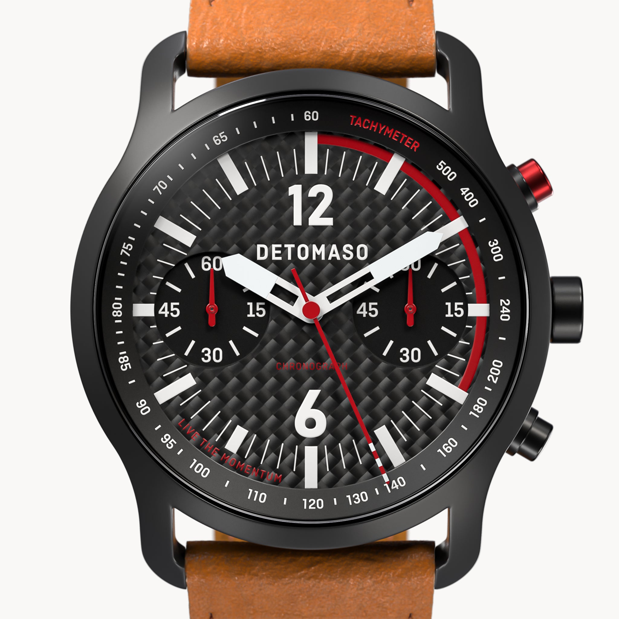 SORPASSO CHRONOGRAPH CARBON BLACK RED
 - Leather Light brown Racing - Detomaso Watches