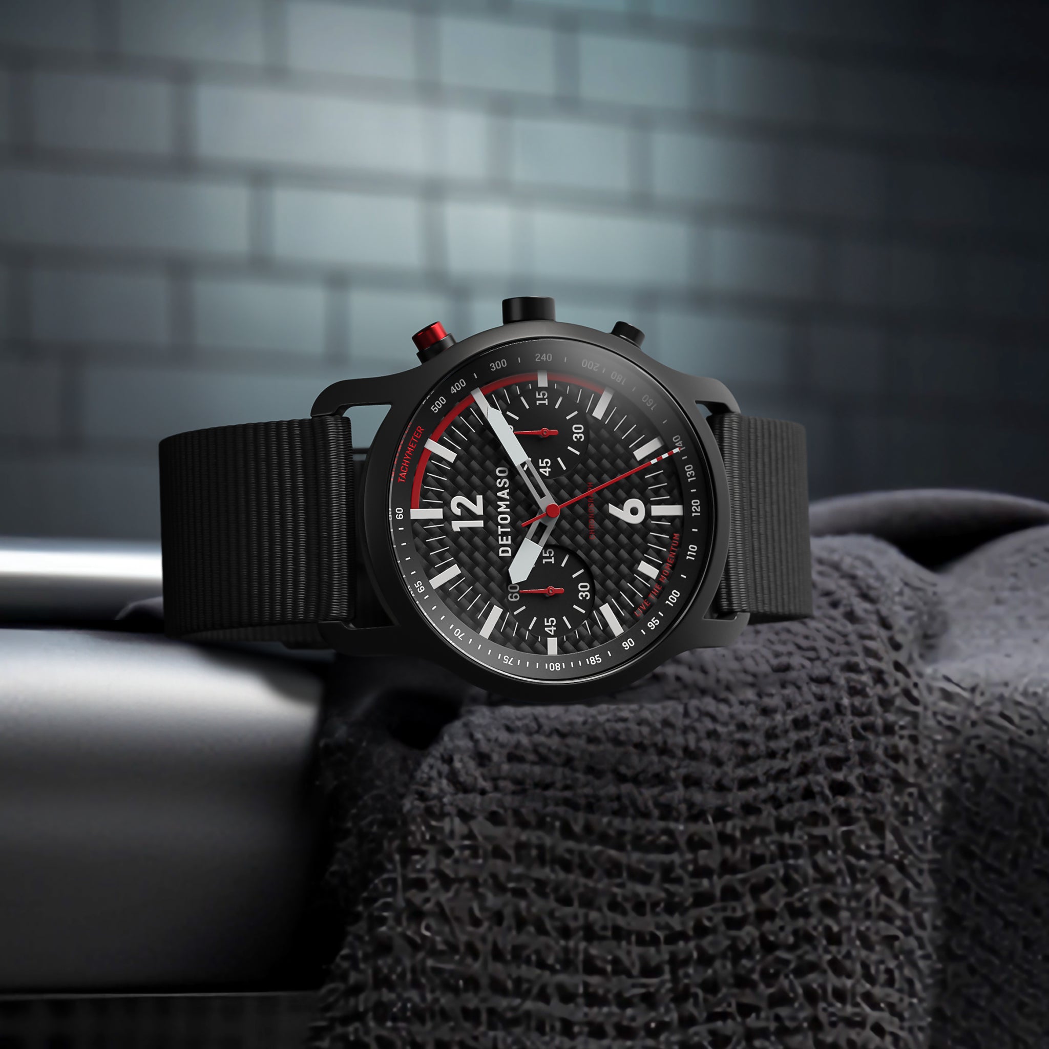 SORPASSO CHRONOGRAPH CARBON BLACK RED
 - #tide Ocean Material® Black Woven - Detomaso Watches