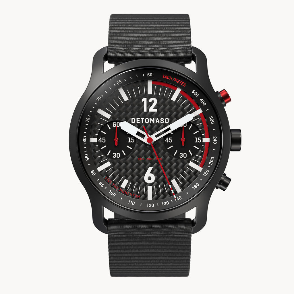 SORPASSO CHRONOGRAPH CARBON BLACK RED
 - #tide Ocean Material® Black Woven - Detomaso Watches
