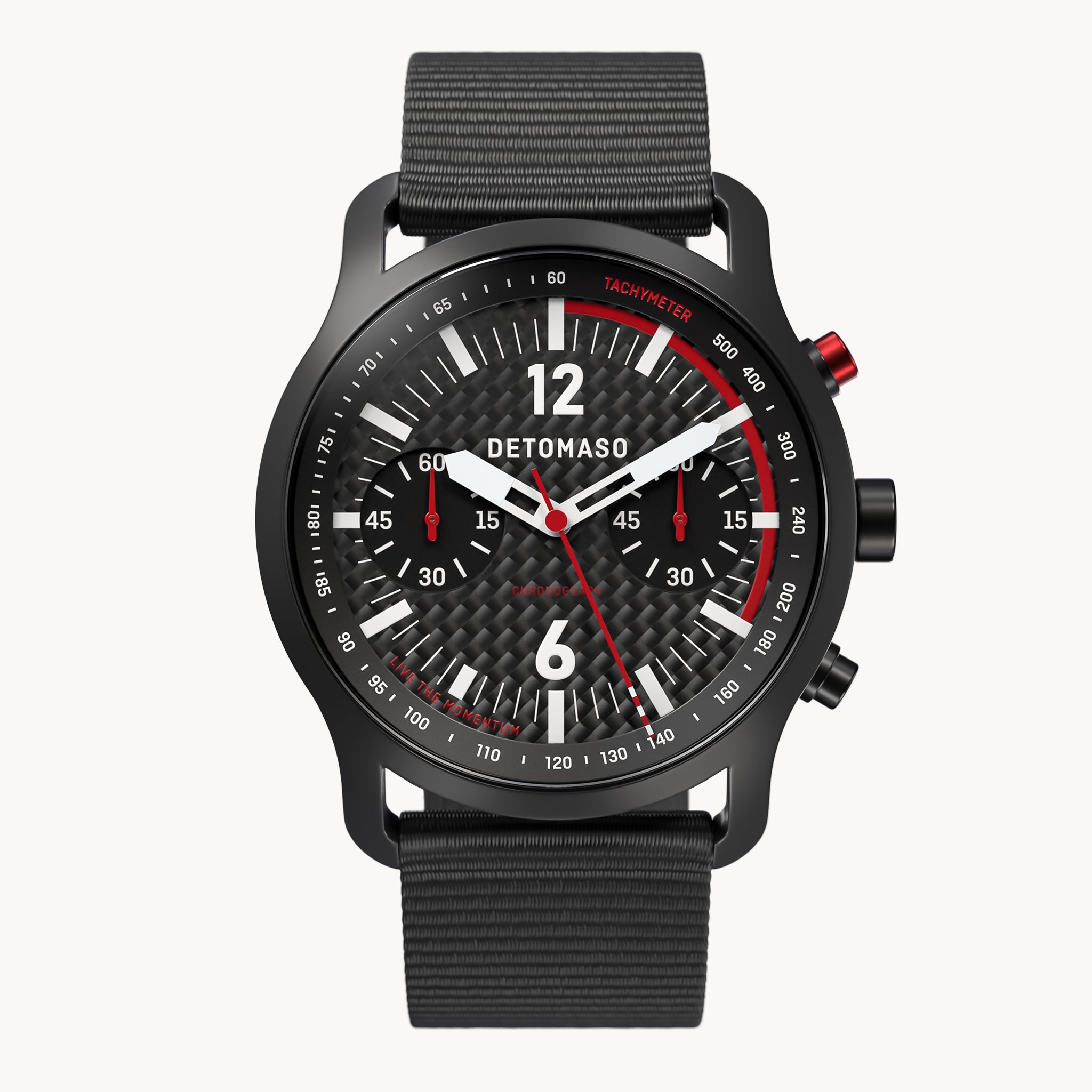 SORPASSO CHRONOGRAPH CARBON BLACK RED
 - #tide Ocean Material® Black Woven - Detomaso Watches