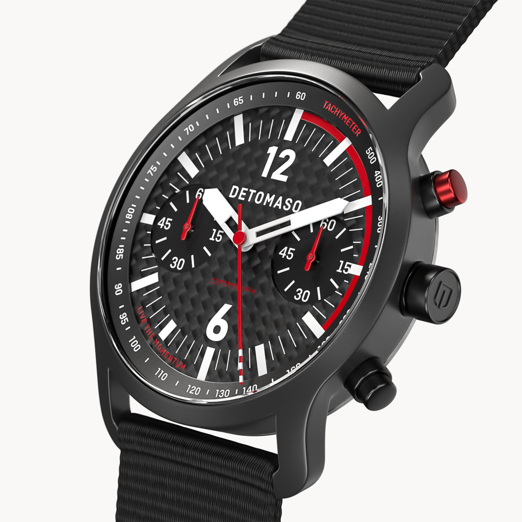 SORPASSO CHRONOGRAPH CARBON BLACK RED
 - #tide Ocean Material® Black Woven - Detomaso Watches