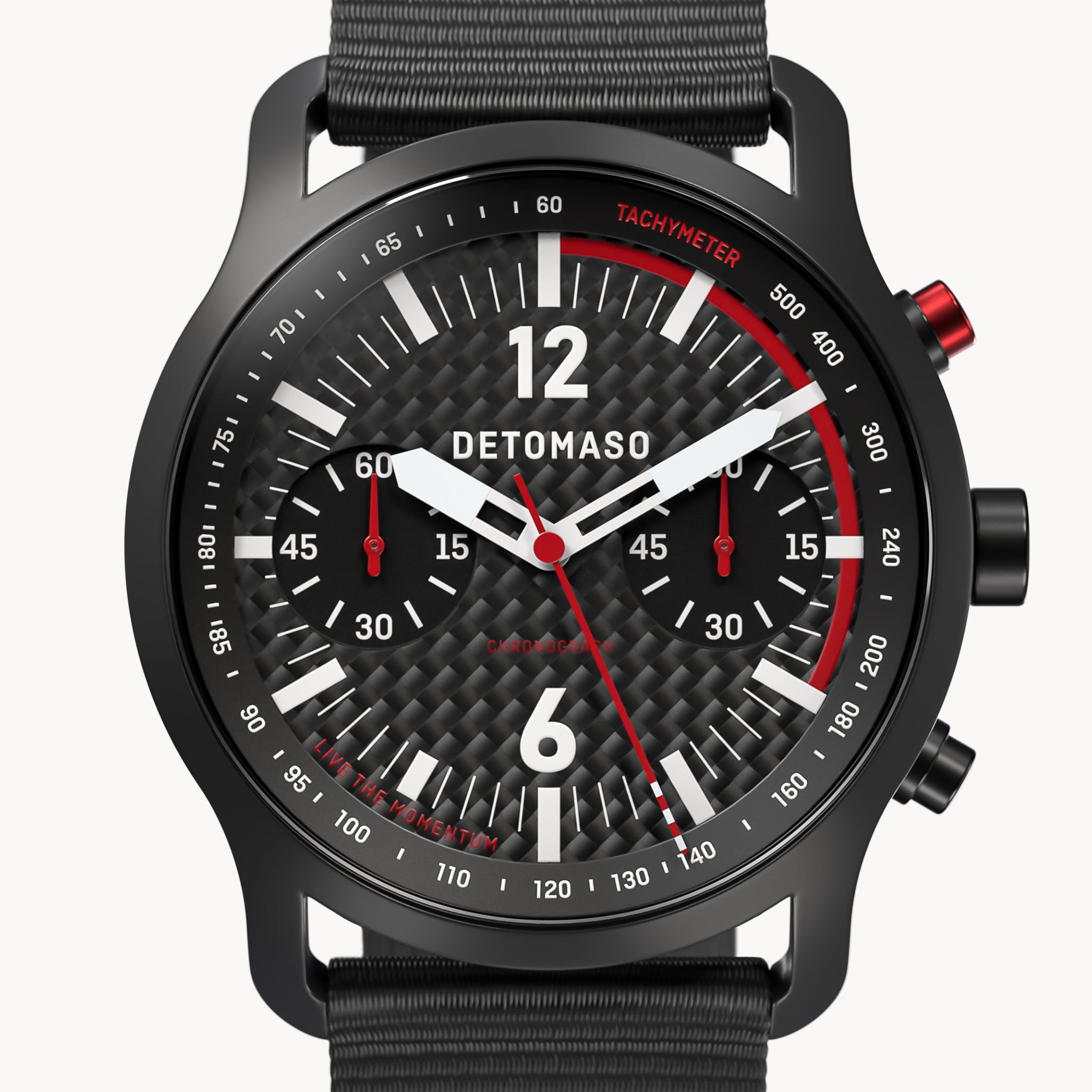 SORPASSO CHRONOGRAPH CARBON BLACK RED
 - #tide Ocean Material® Black Woven - Detomaso Watches