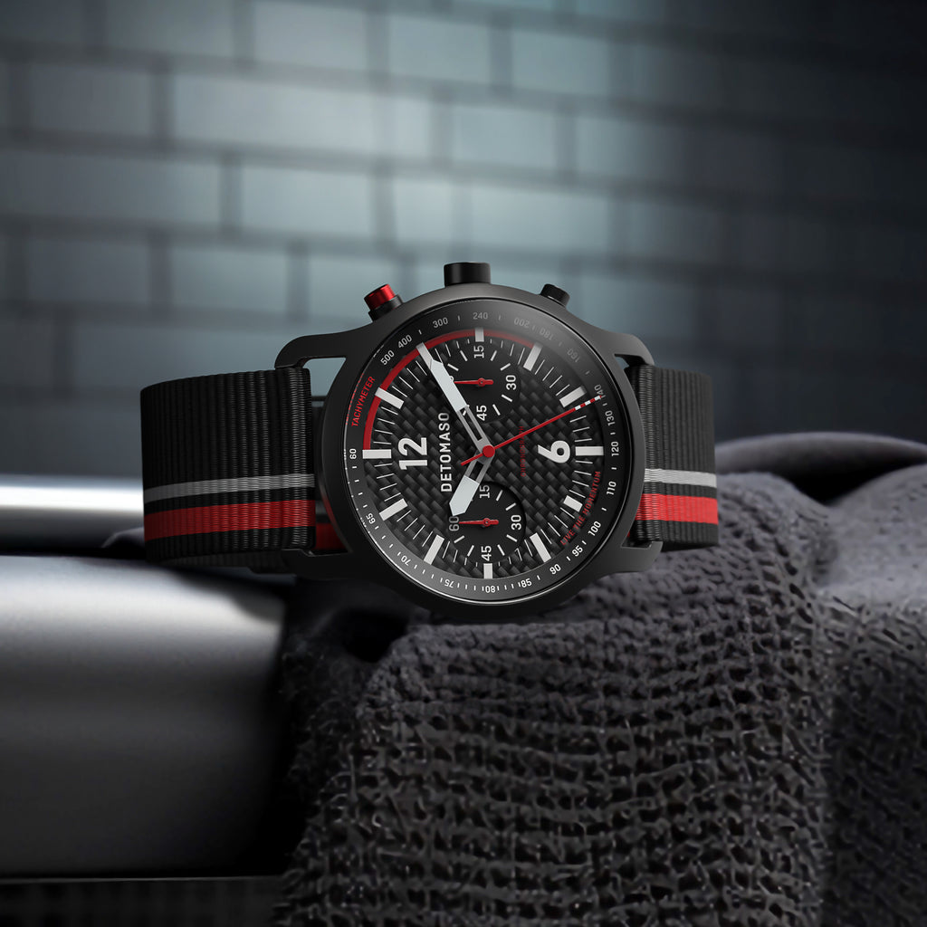 SORPASSO CHRONOGRAPH CARBON BLACK RED
 - Ocean Plastic Black / Red Woven - Detomaso Watches