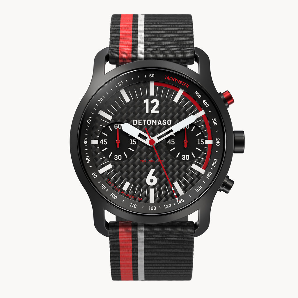SORPASSO CHRONOGRAPH CARBON BLACK RED
 - Ocean Plastic Black / Red Woven - Detomaso Watches