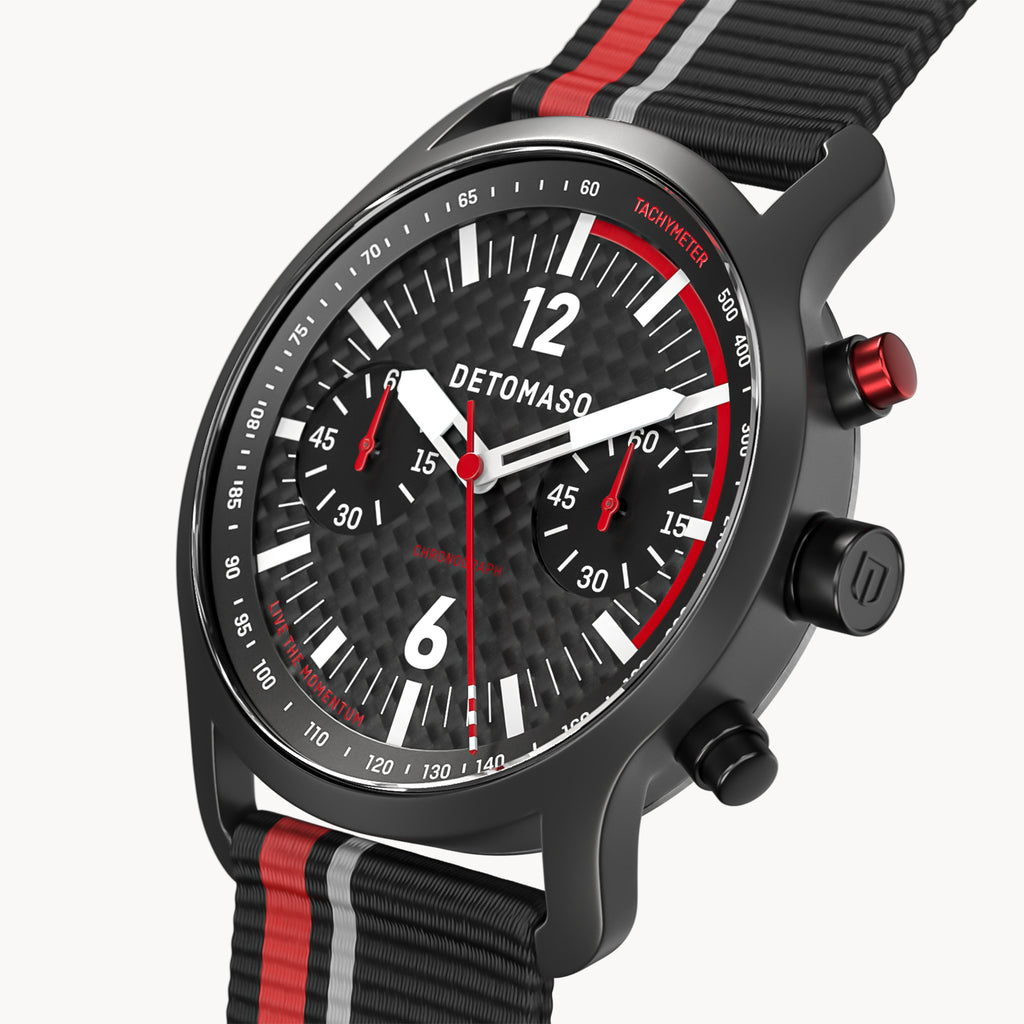 SORPASSO CHRONOGRAPH CARBON BLACK RED
 - Ocean Plastic Black / Red Woven - Detomaso Watches